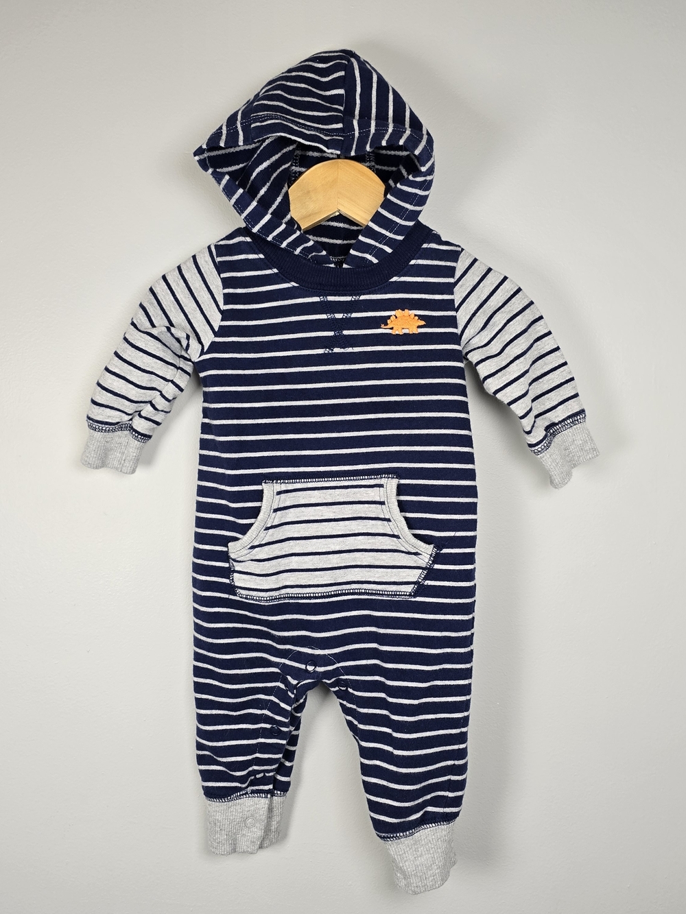 Carter's Navy & Gray Striped Hooded One-Piece with Orange Dino